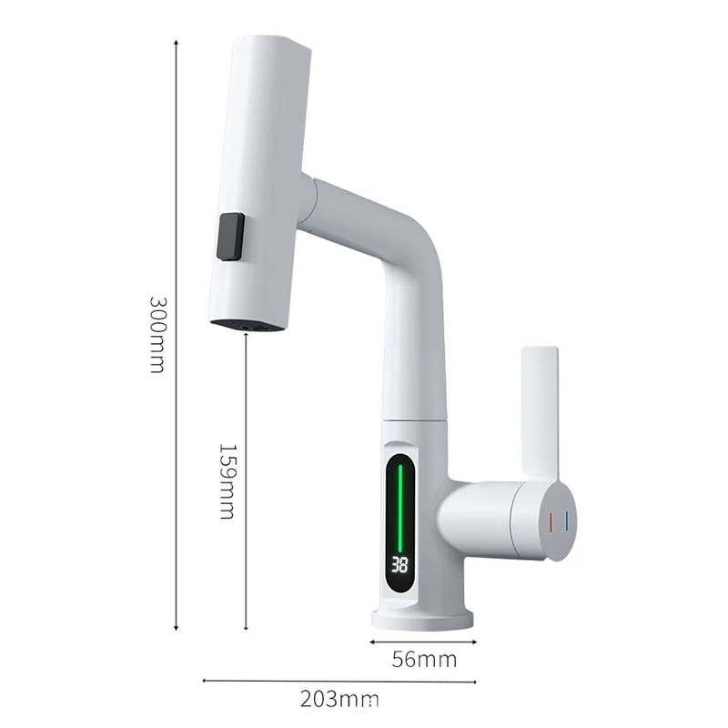 Grifo de cocina extraíble en cascada, grifos mezcladores de agua fría y caliente con pantalla Digital inteligente blanca, grifo de lavabo de elevación giratorio para fregadero