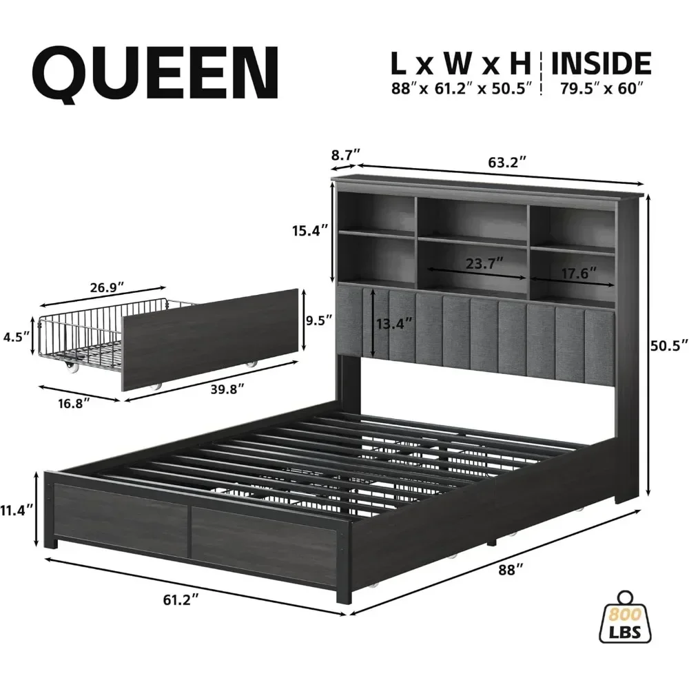 Bed Frame with Headboard, Wood Bed Frame with High Storage Bookcase, 4 Storage Drawers & LED & Charging Station