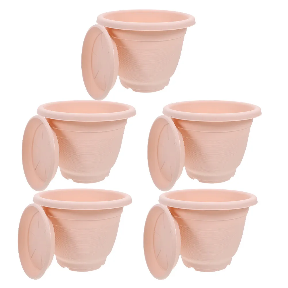 5 Sets Indoor Round Planters with Drainage Holes & Catcher Trays, Smooth Surface Flowerpots for Living Room
