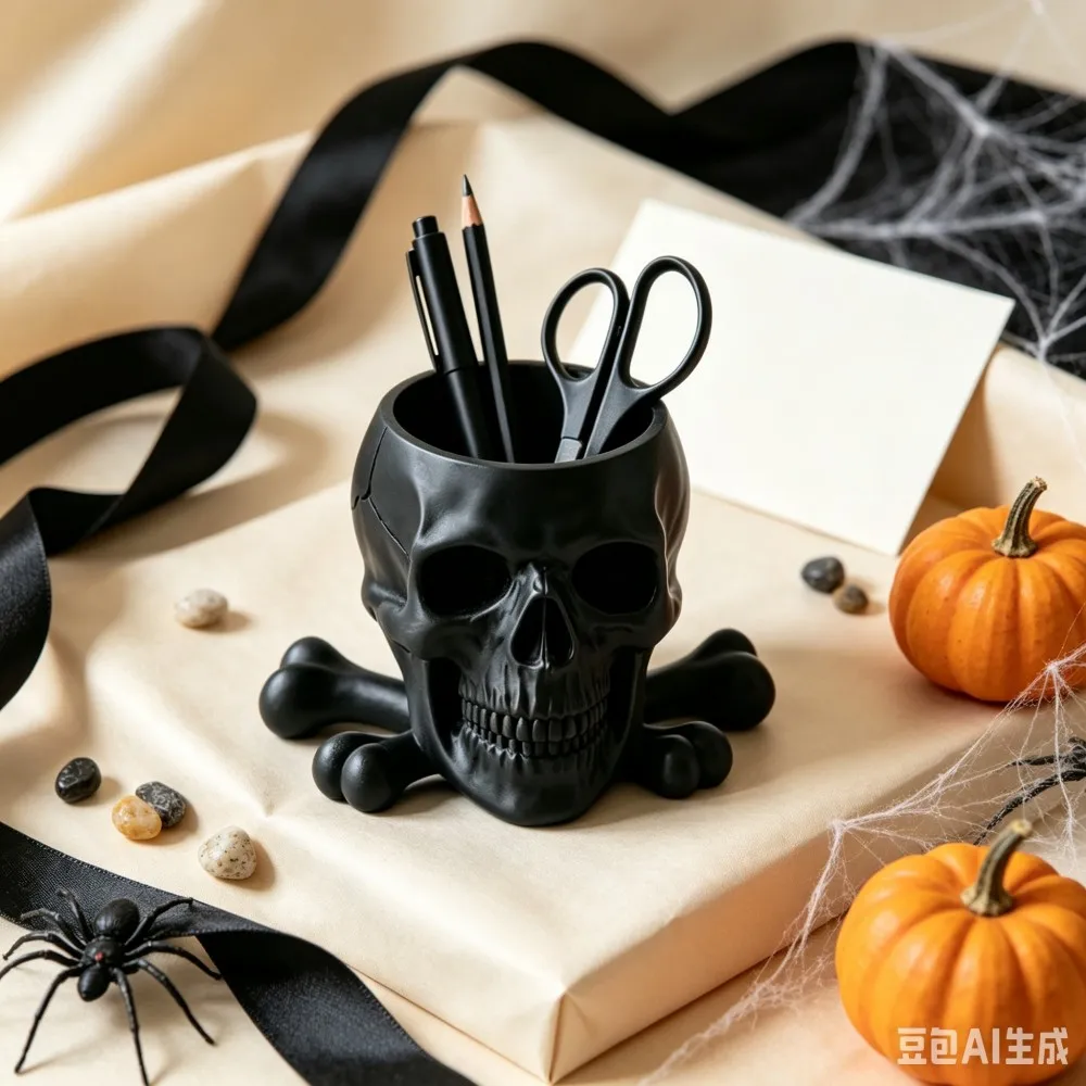 Gothic Skull Pen Holder Skeleton Crossbones Makeup Brush Pot Creative Desk Organizer Office Stationery Storage Halloween Decor