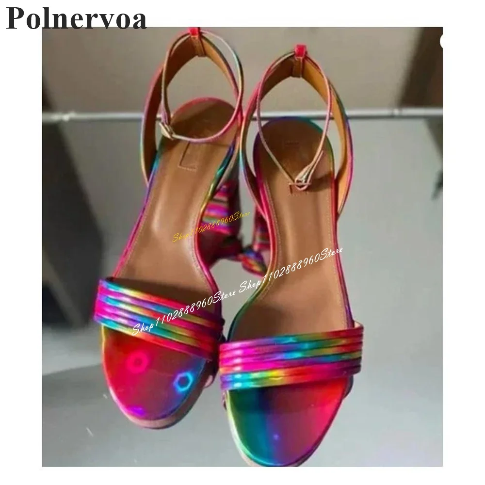 

Iridescence Narrow Strappy Sandals Chunky High Heel Shoes For Women Ankle Buckle Strap Open Toe 2024 Fashion Zapatos Para Mujere