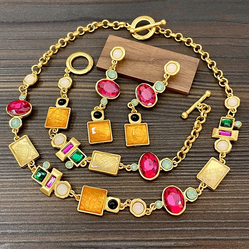 

Medieval style color rhinestone splicing necklace set niche design ot buckle metal clavicle chain women's fashion jewelry