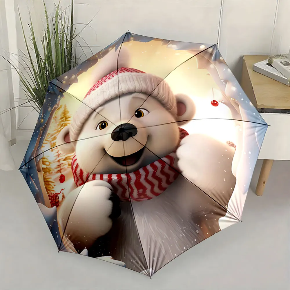Adorable Polar Bear in Winter Wonderland Design Umbrella Compact Fashion Folding Umbrella for Daily Use, Christmas Gift