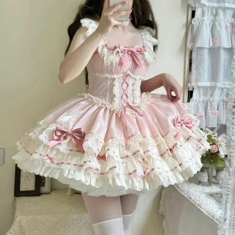 Harajuku Cute Japanese Sweet Lolita Jsk Mesh Dress Women Kawaii Lace Bow Ruffles Tea Party Dresses Pink Princess Mini Cake Dress