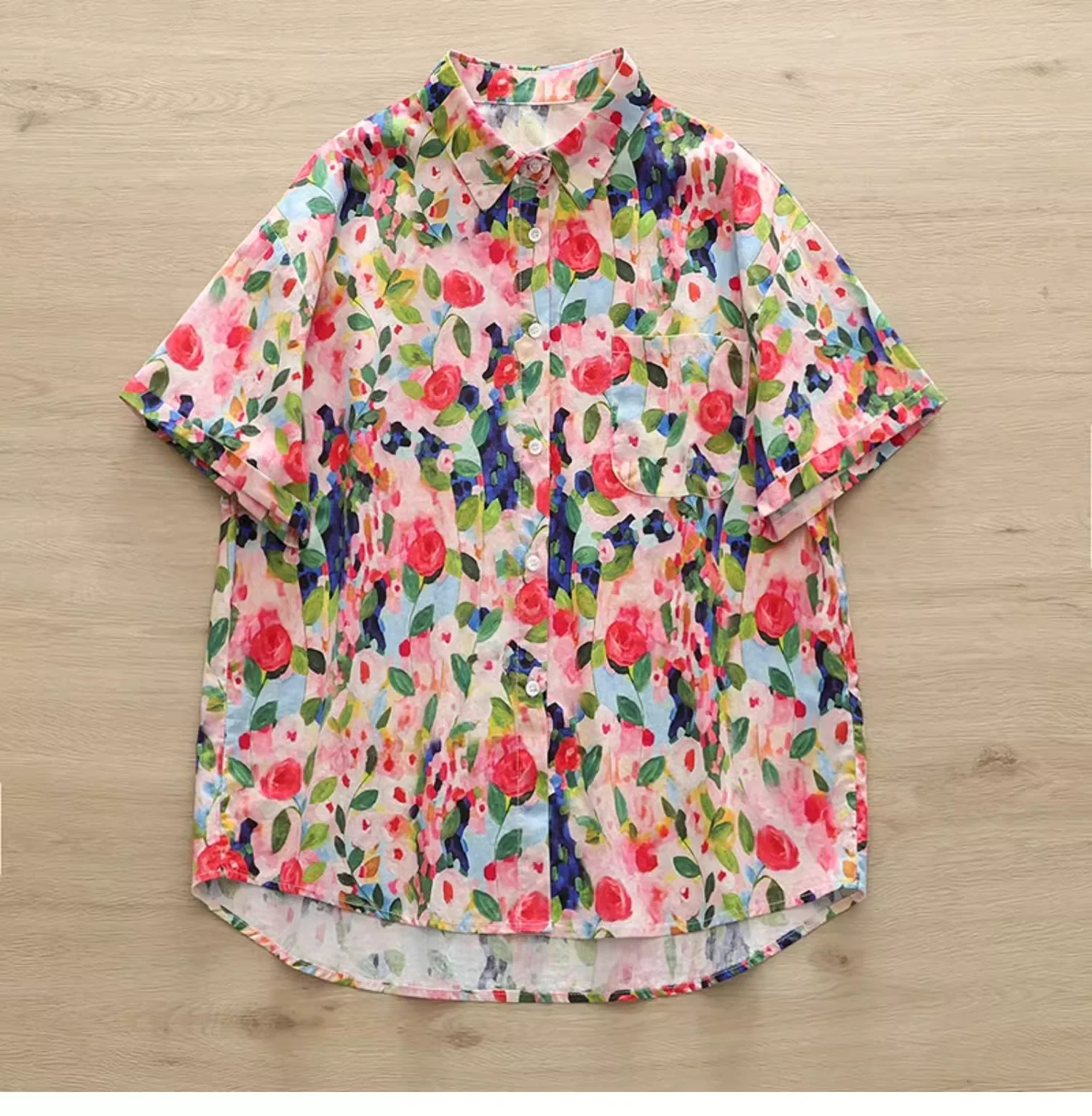 2026 Women\'s summer blouse 100% cotton rose oil painting printed shirts short sleeve blouses for women tops ladies clothes