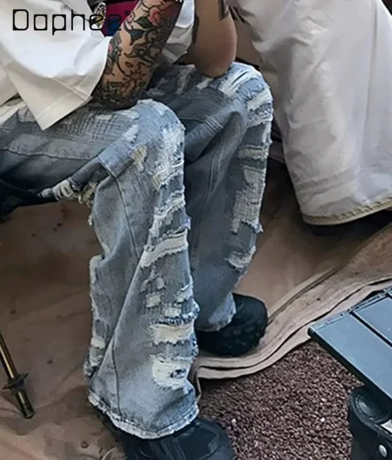 2026 Autumn Men’s Flare Denim Trousers American High Street Ripped Vintage Wash Wide Leg Male Distressed Casual Hip Hop Jeans