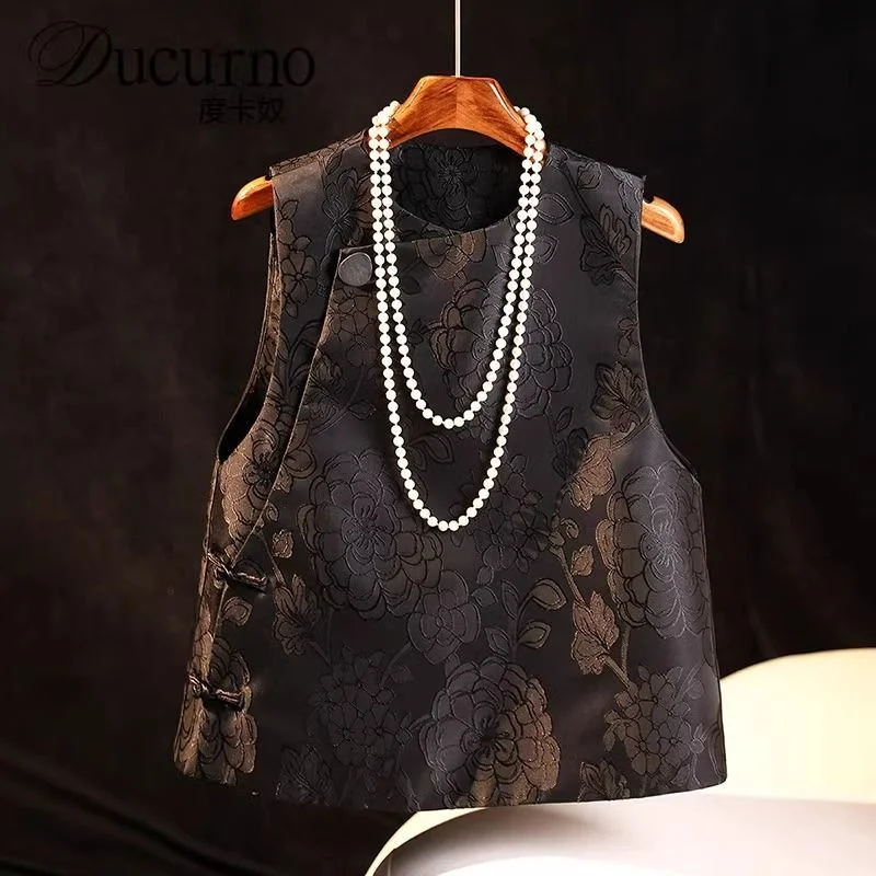 Women's Jackets New Chinese Style Vest Women's new National Style Retro Embroidery Buckle Round Neck Cheongsam Waistcoat Tide