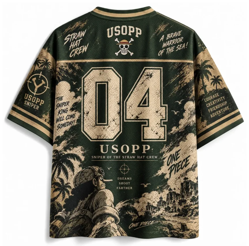 One Piece Usopp Printed Mesh Quick Drying V-neck Anime Usopp Straw Hat Crew Print Number 04 Sports Loose Casual Top
