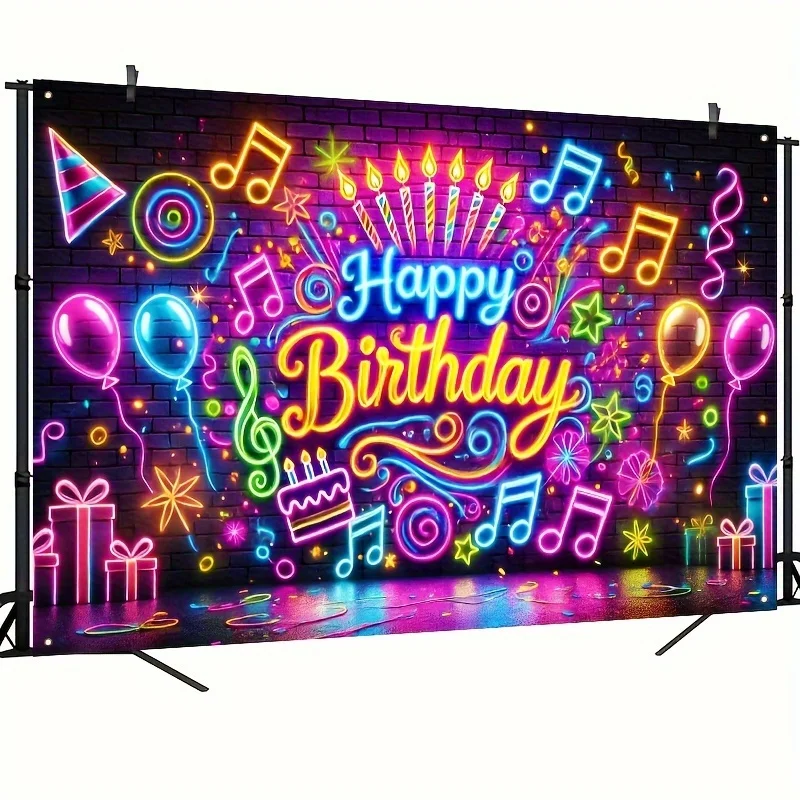 1pc Neon Music Birthday Party Background - 70.86x90.5 inch polyester colored light effect banner, suitable for indoor and outdoo