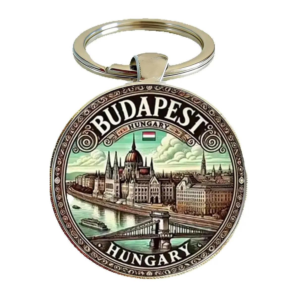 Chaveiro 1PC Edifício do Parlamento Húngaro de Budapeste, Chaveiro Redondo de Metal Durável com Vidro para Chaves, Bolsa, Carro, Presente de Lembrança da Moda