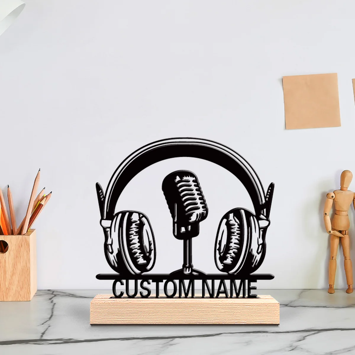 1pc Fashion Personalized Custom Microphone Headphones Metal Statues Music Lover Is Gift With Wooden Frame Perfect For Musicians