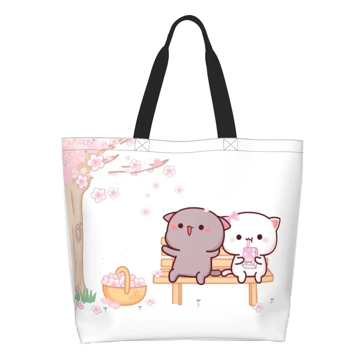 Custom Peach And Goma Shopping Canvas Bags Women Reusable Large Capacity Groceries Cartoon Mochi Cat Tote Shopper Bags