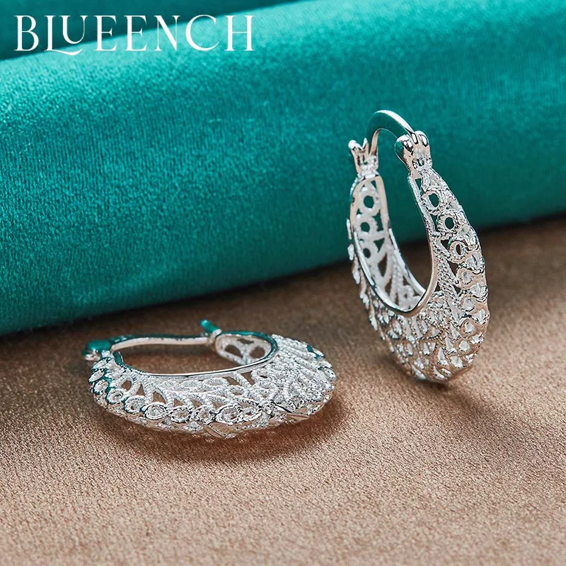 Blueench 925 Sterling Silver Hollow Large Earrings Ear Clips for Ladies Wedding Party Personality Generous Fashion Jewelry