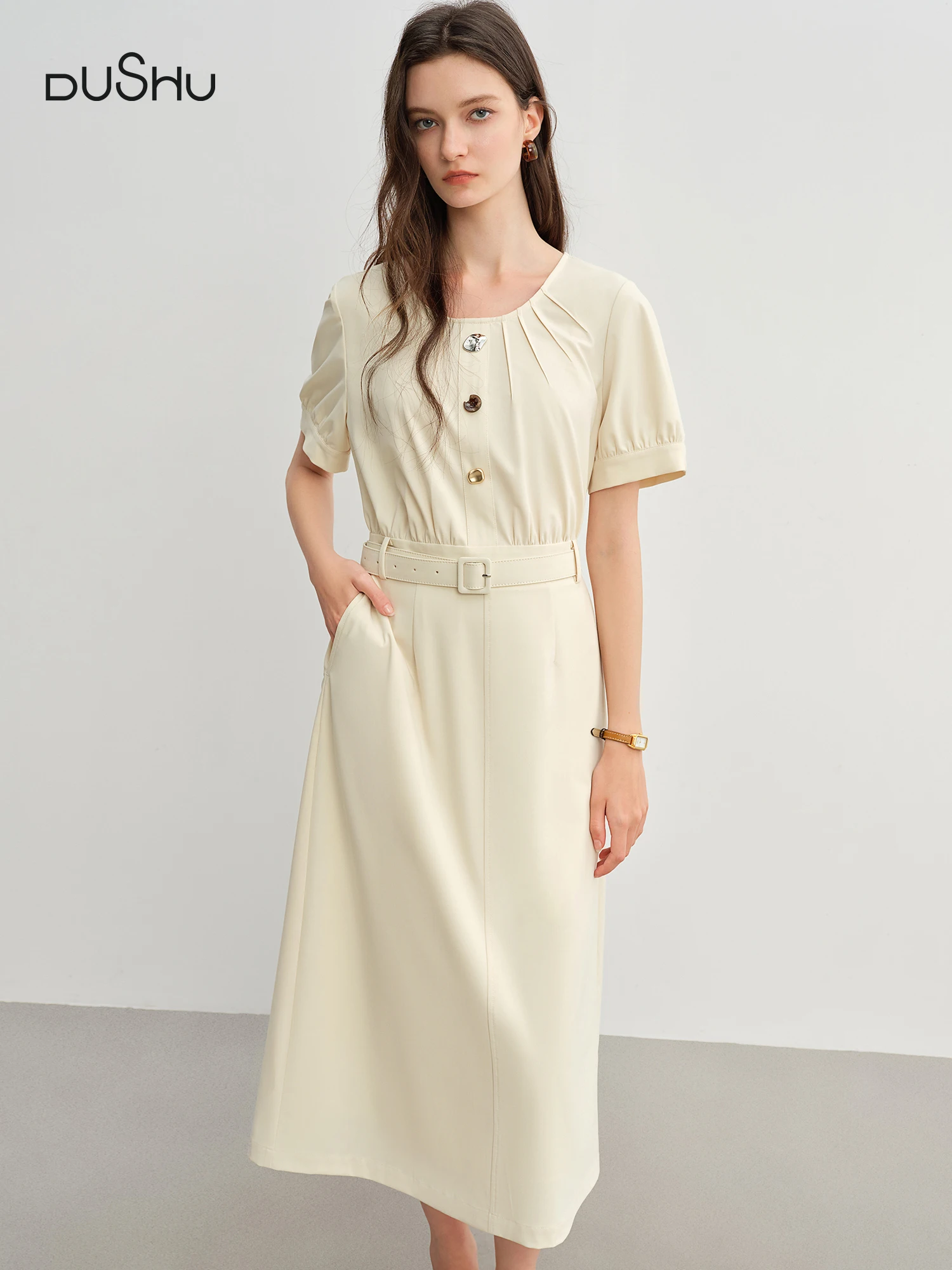 

​DUSHU Summer 2025 Textured Shift Dress - Fluid Waist Streamlined Silhouette Round Neck Resort to Office​