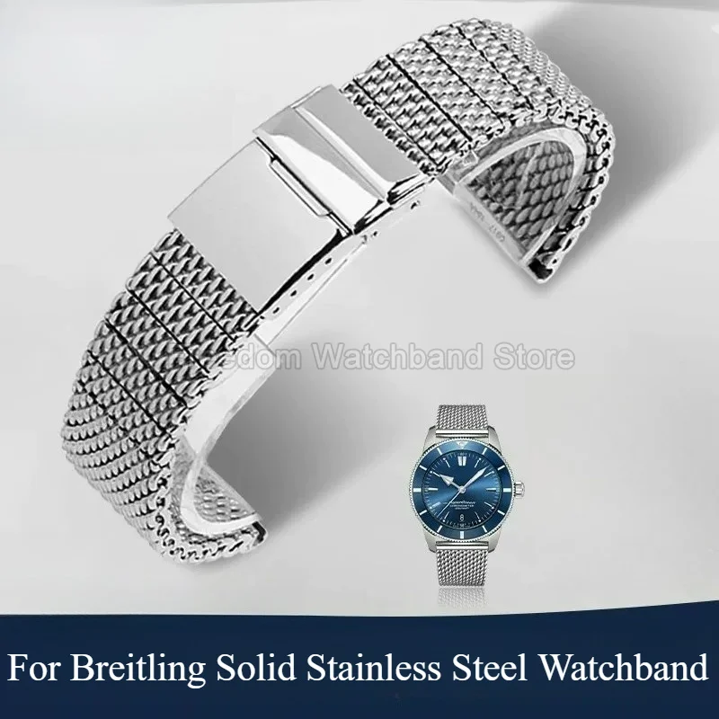 For Breitling Superocean Avenger Saltwater Corrosion Resistant Rust Free Shark Mesh Steel Watchband Silver 22mm Flat Interface