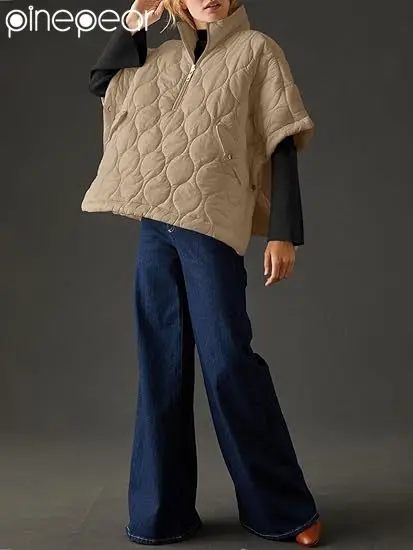 PinePear 2026 Spring Women's Puffer Poncho Pullover Quilted Jacket Half Sleeve Half Zipper Loose Coat Cape Outerwear