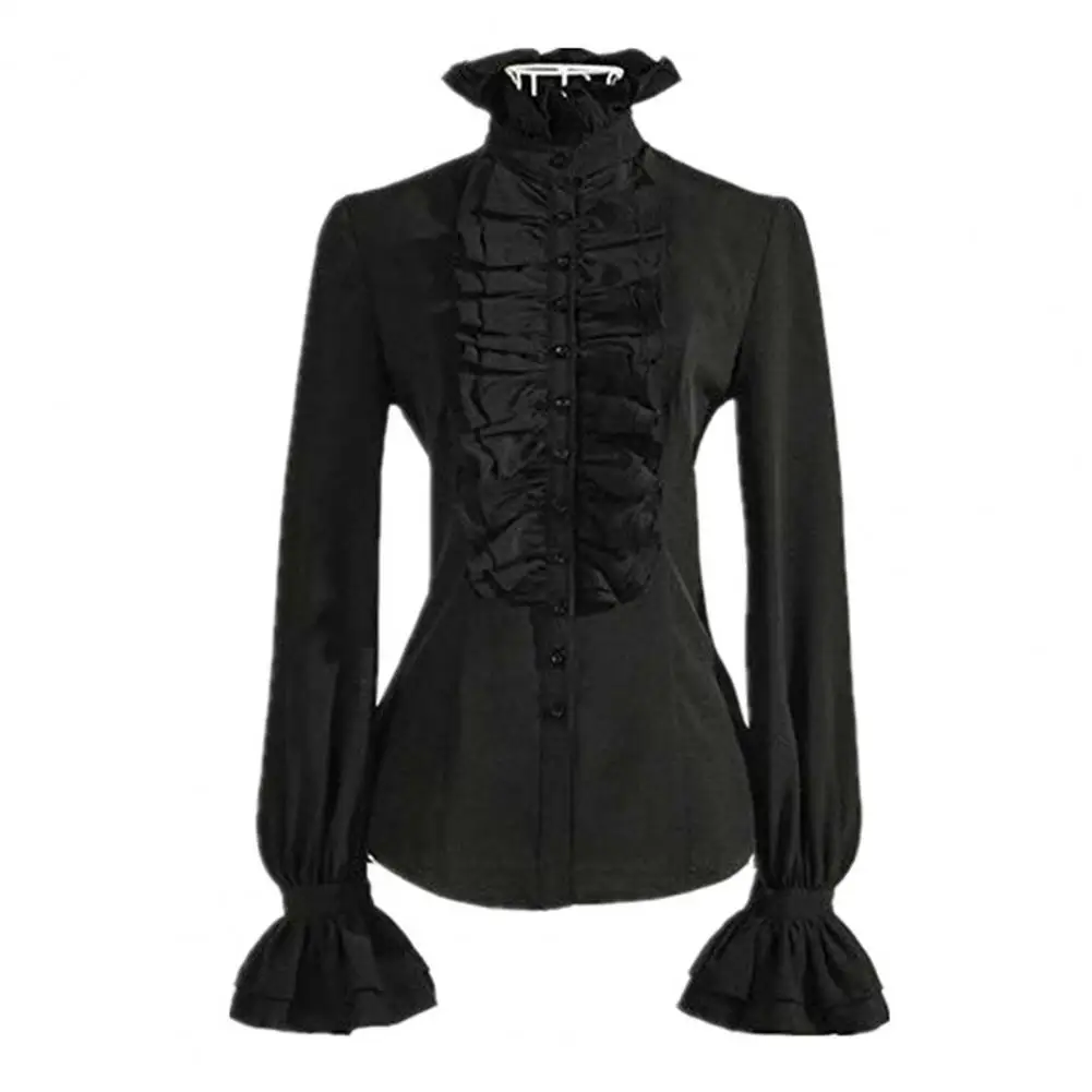 New Vintage Victorian Ruched Lace Shirts And Blouses Gothic Lolita Long Sleeve Ruffles Solid Black White Tops Shirt For Women