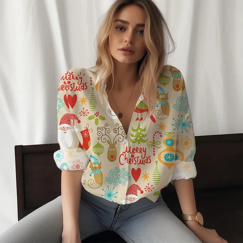 Spring And Summer 3D Printed Women's Long Sleeved Button Up Shirt Christmas Fashion Long Sleeved Lapel Women's Cardigan Blouse