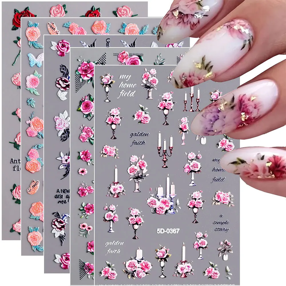 1pcs 5D Relief Rose Peony Daisy Flower Nail Art Stickers Charming Spring Floral Nail Decals 6*10cm Self-Adhesive Nail Decoration