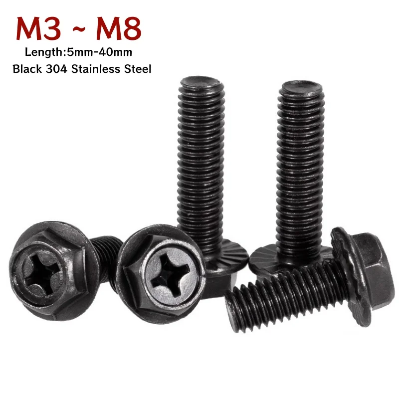 Black Phillips Flange Bolts M3 M4 M5 M6 M8 304 Stainless Steel Metric External Hex Hexagon Flange Cross Head Screws Bolt
