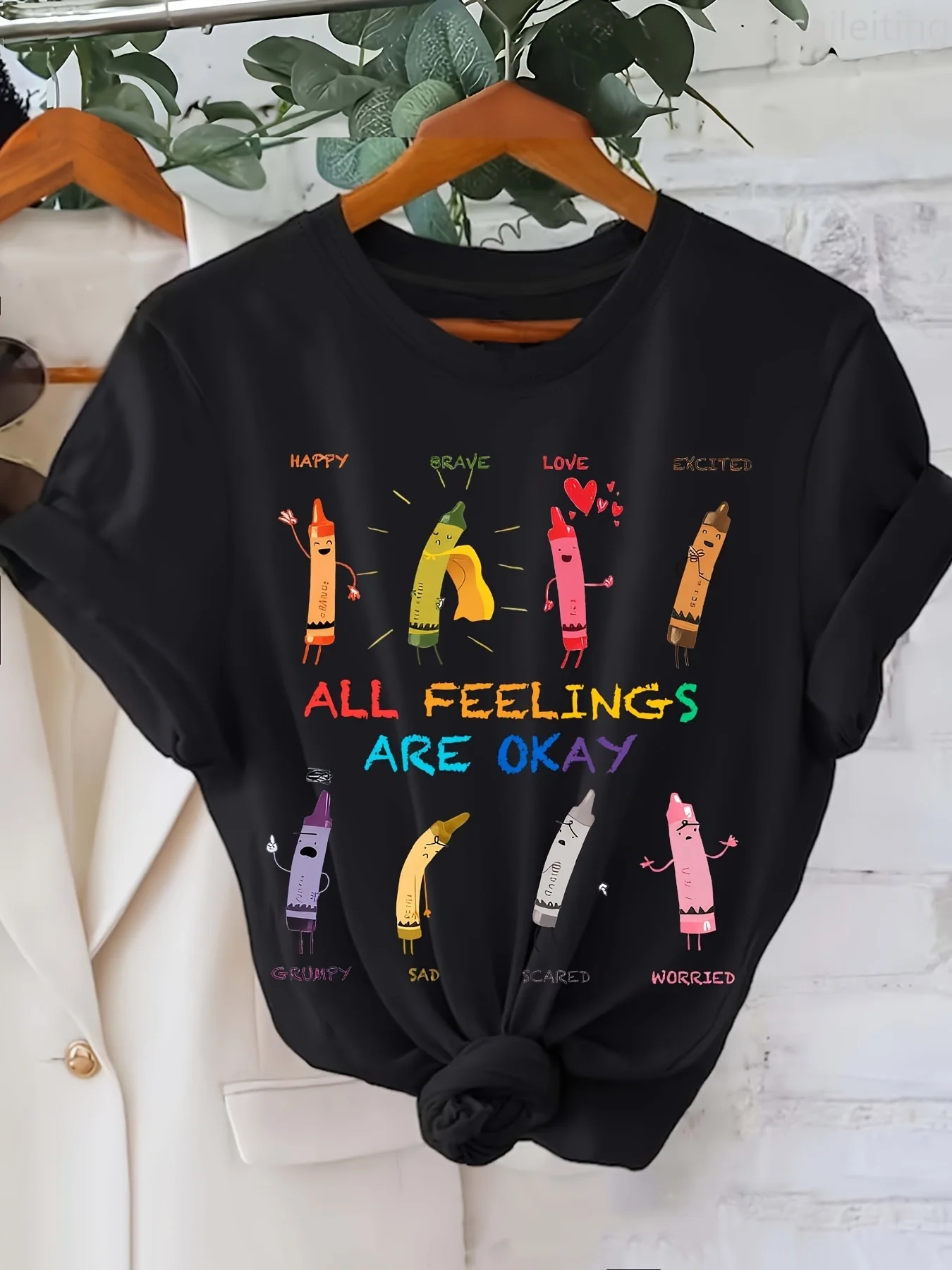 Women's Black Short Sleeve Crew Neck T-Shirt - Colorful 8 Pencil Emotion Graphics & 