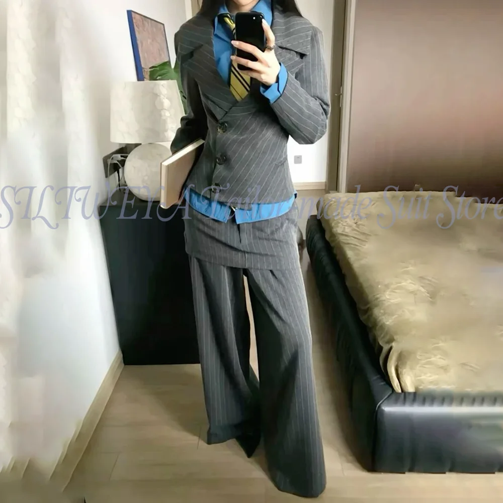 

SILIWEYA Fashion Suie Set Smart Casual Female Suits 2 Pieces Luxury Grey Stripe Jacket Pants for Women Trajes De Mujer Elegante