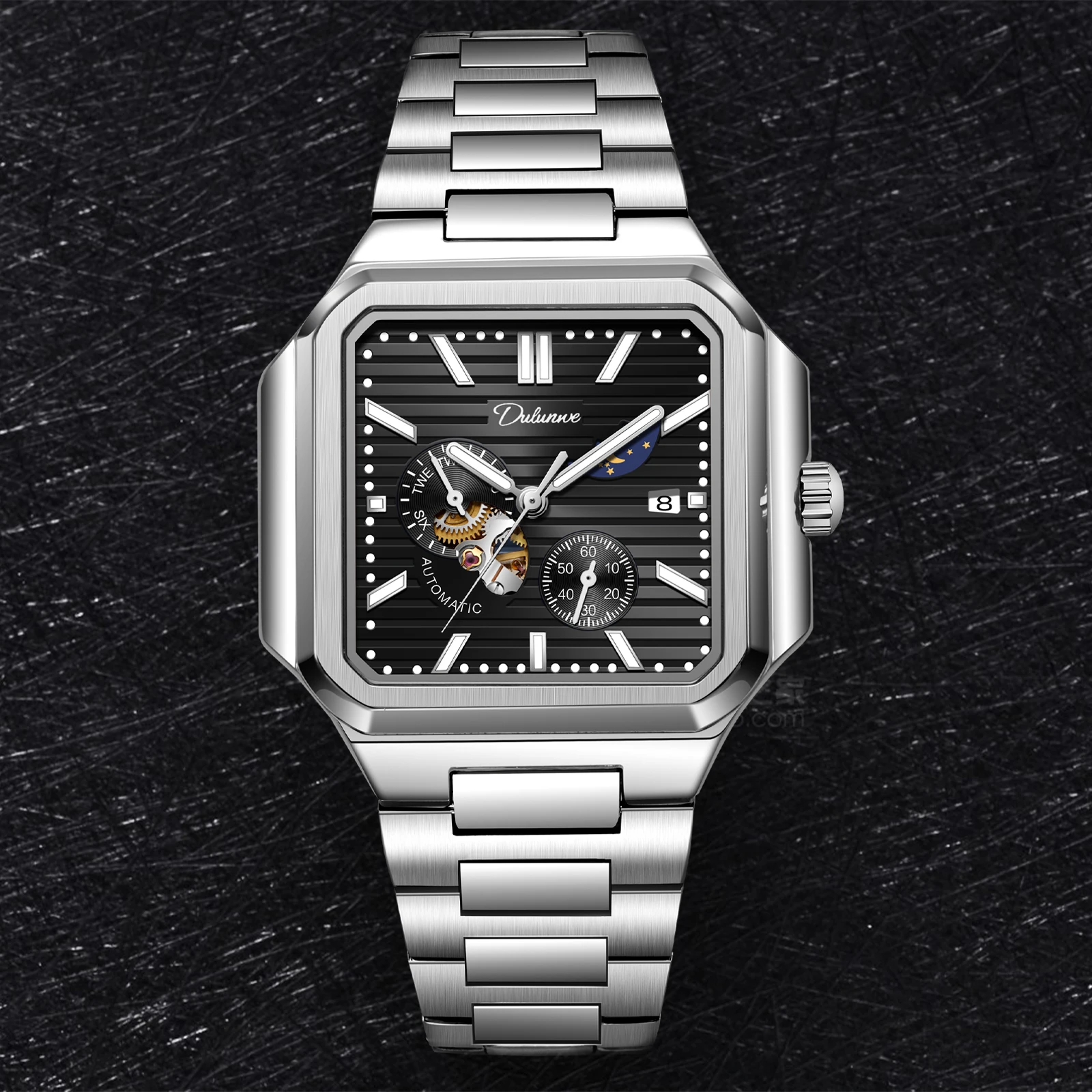 

Dulunwe мужские механические автоматические наручные часы модные квадратные Nautilus двойные секунды хронограф с субциферблатом недели дата брендовые часы