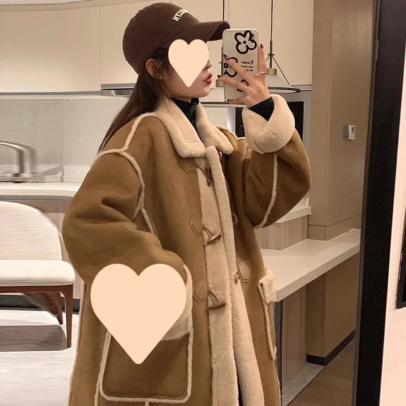 2025 nouveau hiver chaud épaissi femme corne bouton manteau tempérament peau de cerf fourrure agneau laine manteau sur genou longueur manteau