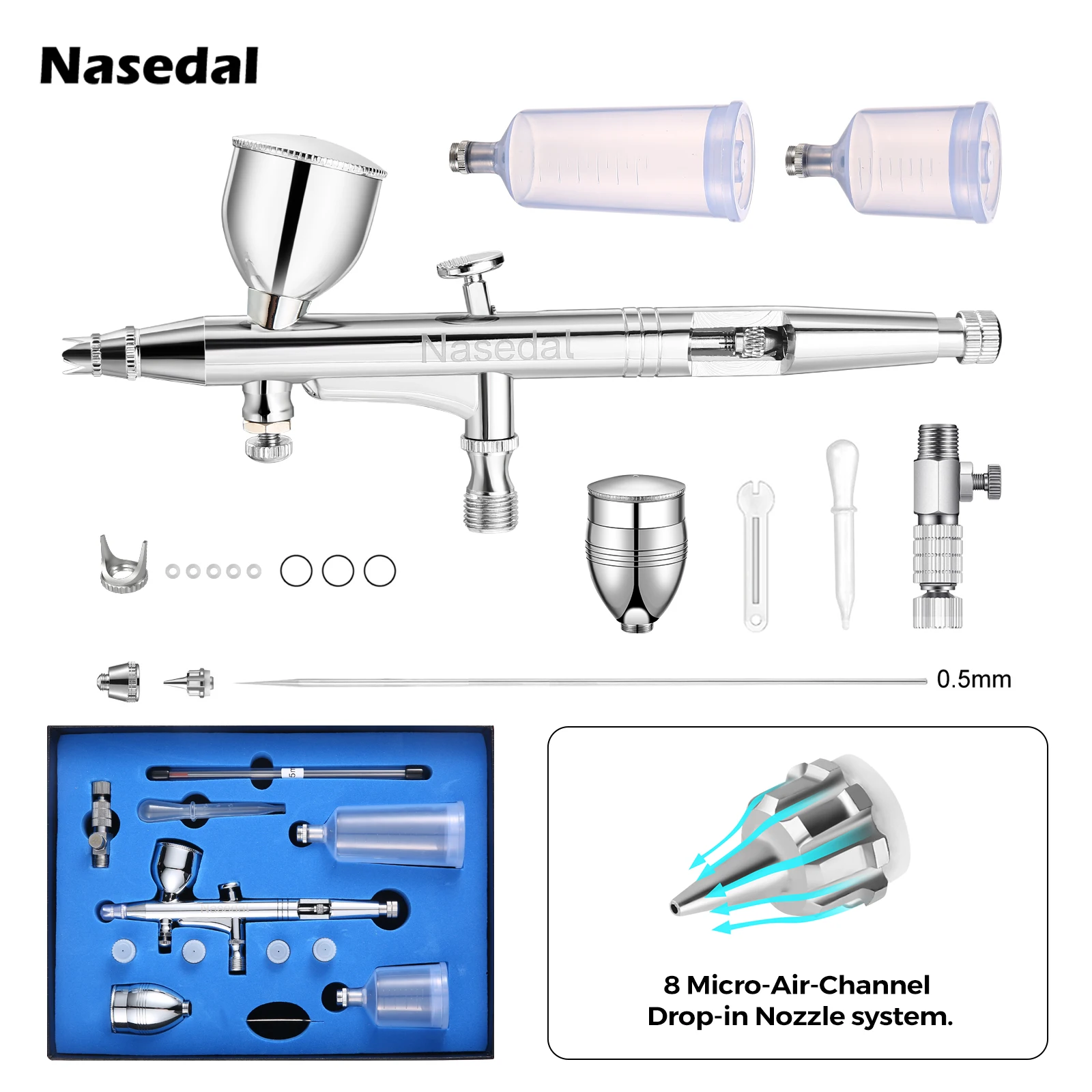 Nasedal Dual Action Airbrush Kit Updated Drop-in Nozzle for Model Painting Miniature Coloring Makeup Nail Art Craft NT-268K