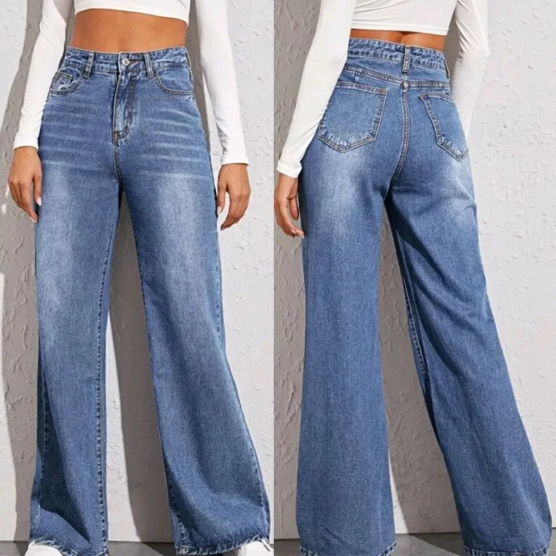 Temperament High-waisted Straight Leg Long Jeans, Women's Water Washing Loose High-waisted Wide-leg Jeans, Spring and Autumn