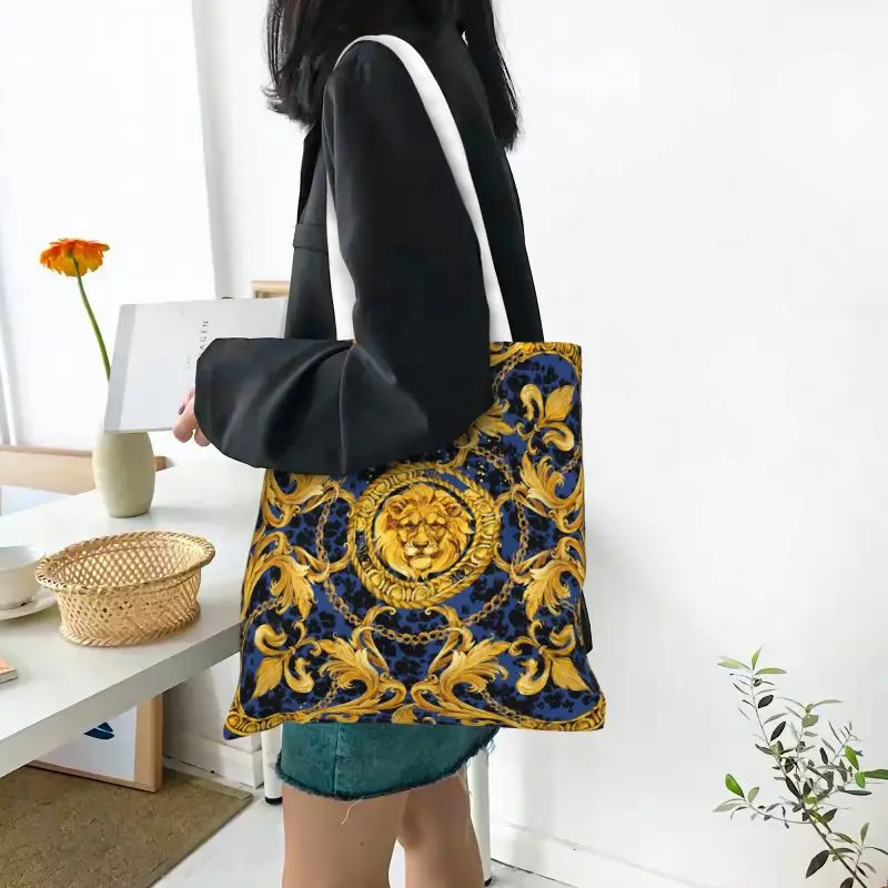 CUSTOM baroque Golden Lion and damask Canvas Shopping BAG Women reusable groceries Tote Shopper bags