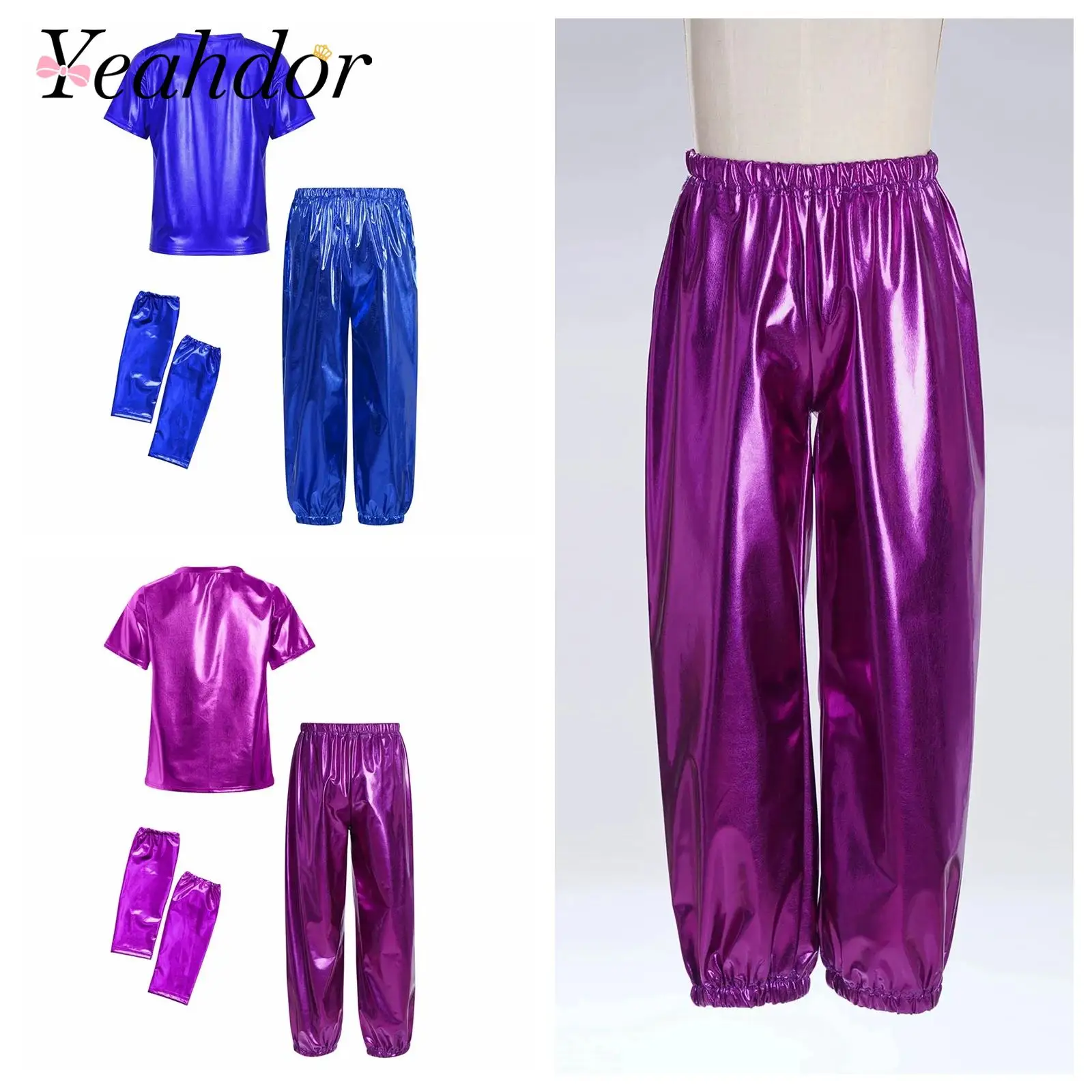 Children Metallic Dancing Clothes Outfits Kids Girls Boys Dance Party Performance Costume Short Sleeve T-shirt Pants Gloves Sets