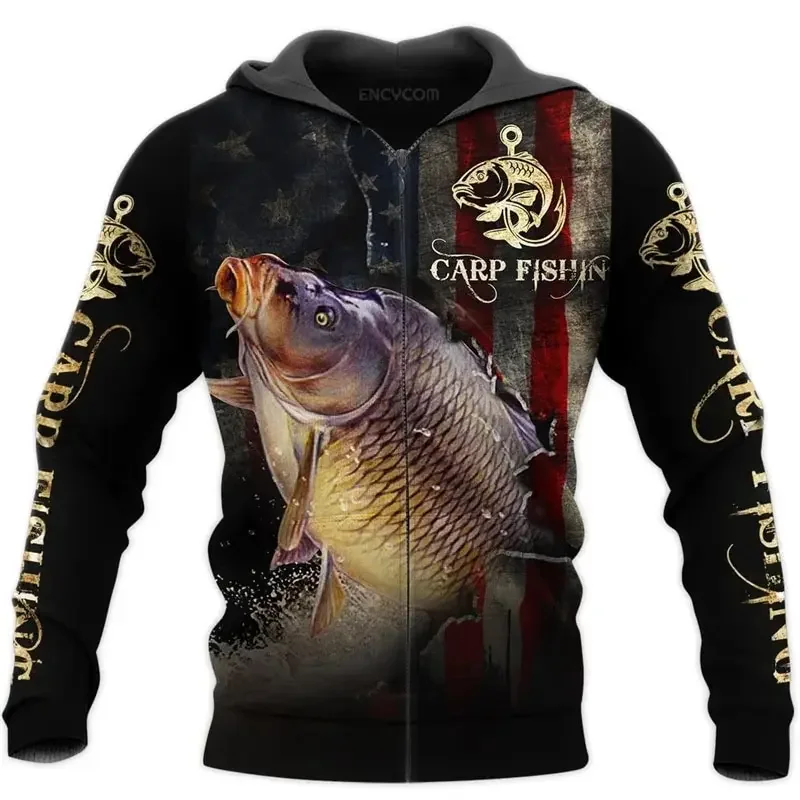 Otoño e Invierno nueva sudadera con capucha con cremallera para hombres con patrón de pesca de carpa 3D impreso moda al aire libre Sudadera con