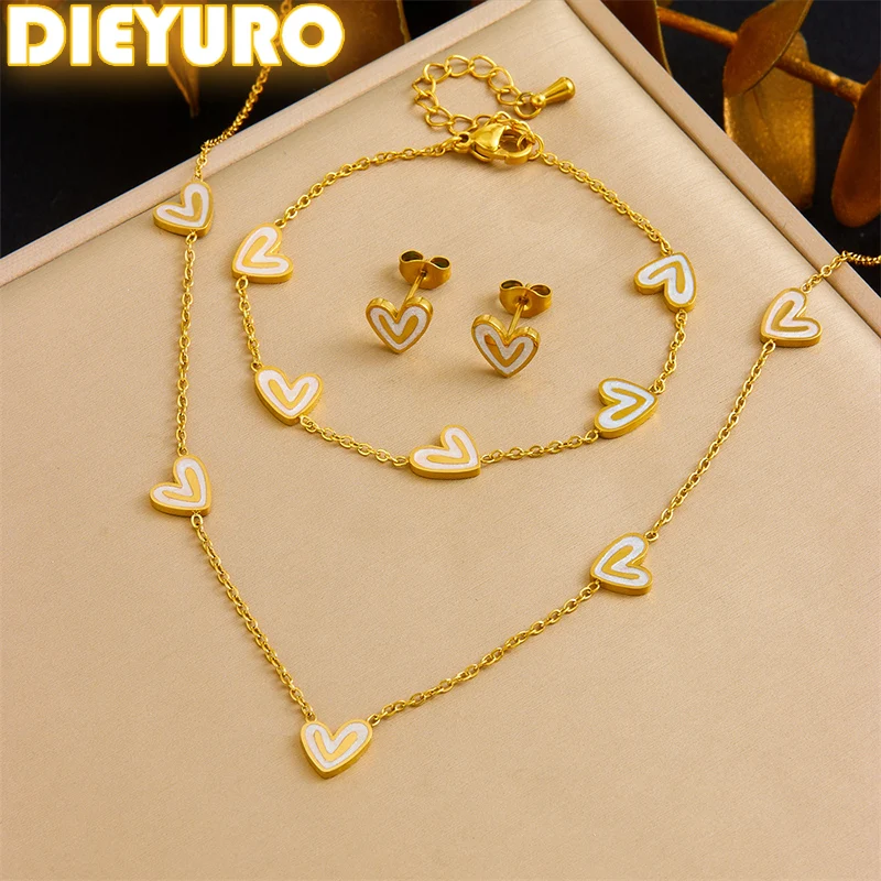 DIEYURO 316L Stainless Steel Minimalist Two-tone Heart-shaped Necklace Earrings Bracelet Set For Womens New Fashion Jewelry Gift