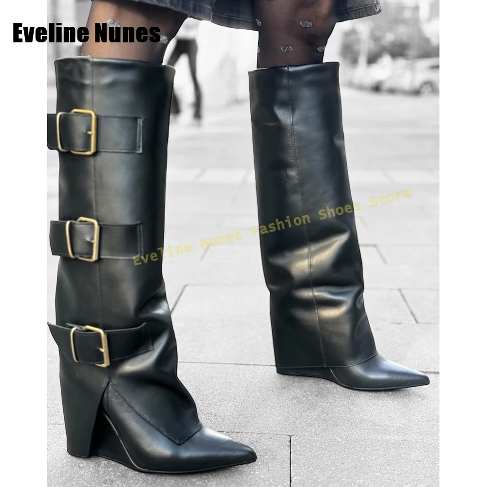 Wedge Belt Buckle Knee High Boots Pointed Toe Pull On Street Style Women Sleeve Boots 2025 Fold Down New Arrivals Trend Winter