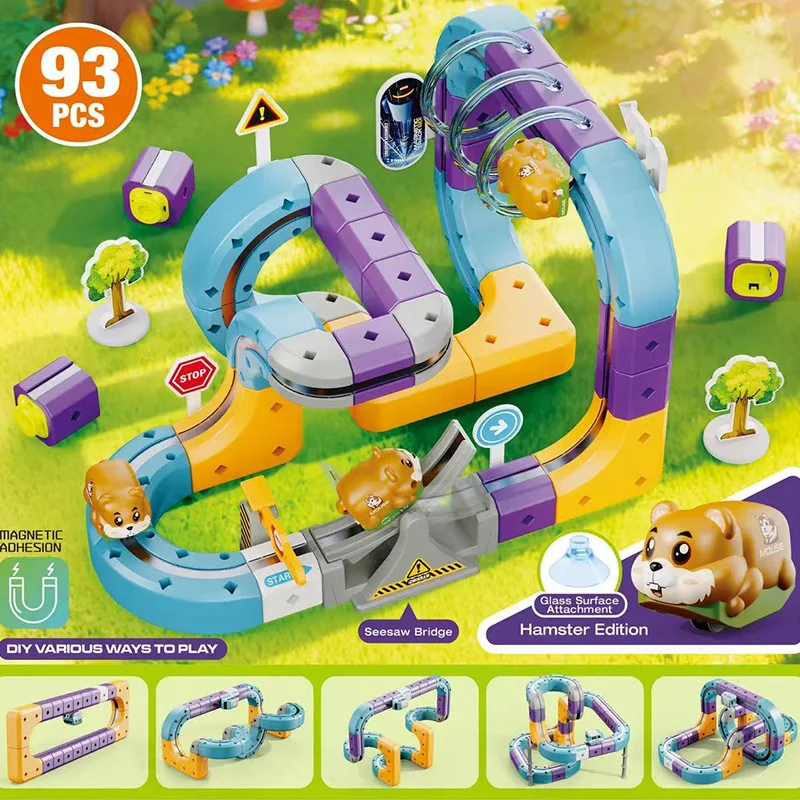 Generic Magnetic Track Set DIY Assembly Magnetic Building Blocks Electric Hamster Race Track Playset For Indoor Desktop Play
