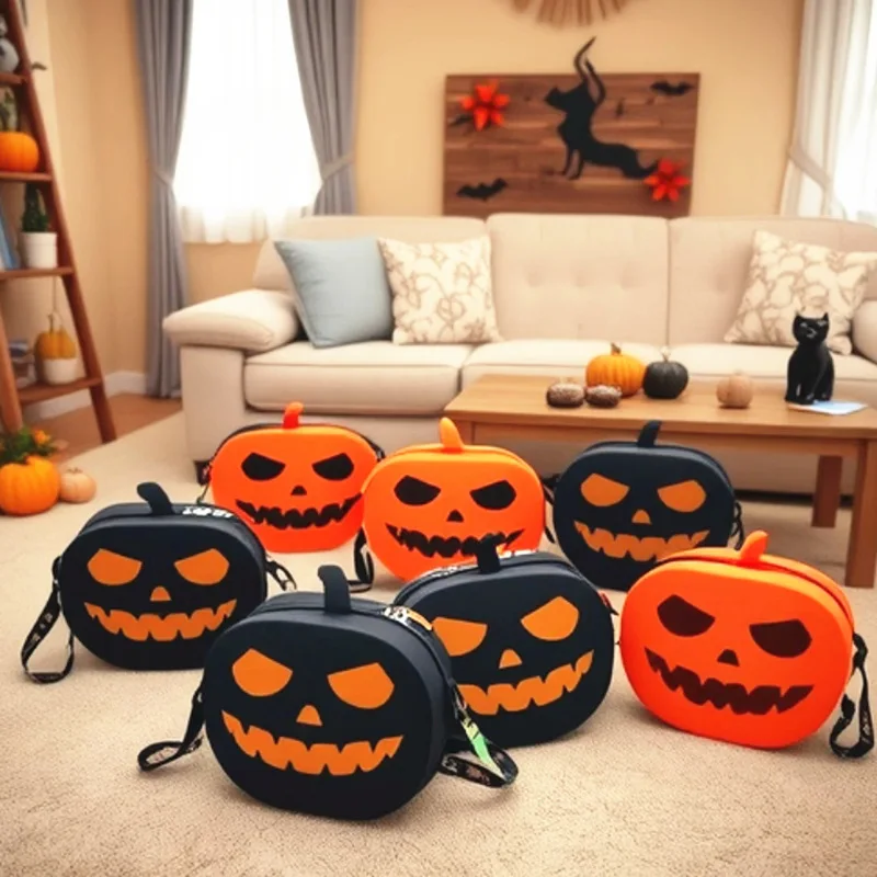 할로윈 호박 실리콘 크로스백 재미있는 참신한 숄더백 파티 여행 선물용 지퍼 포함 휴대폰 립스틱 동전 수납 가능