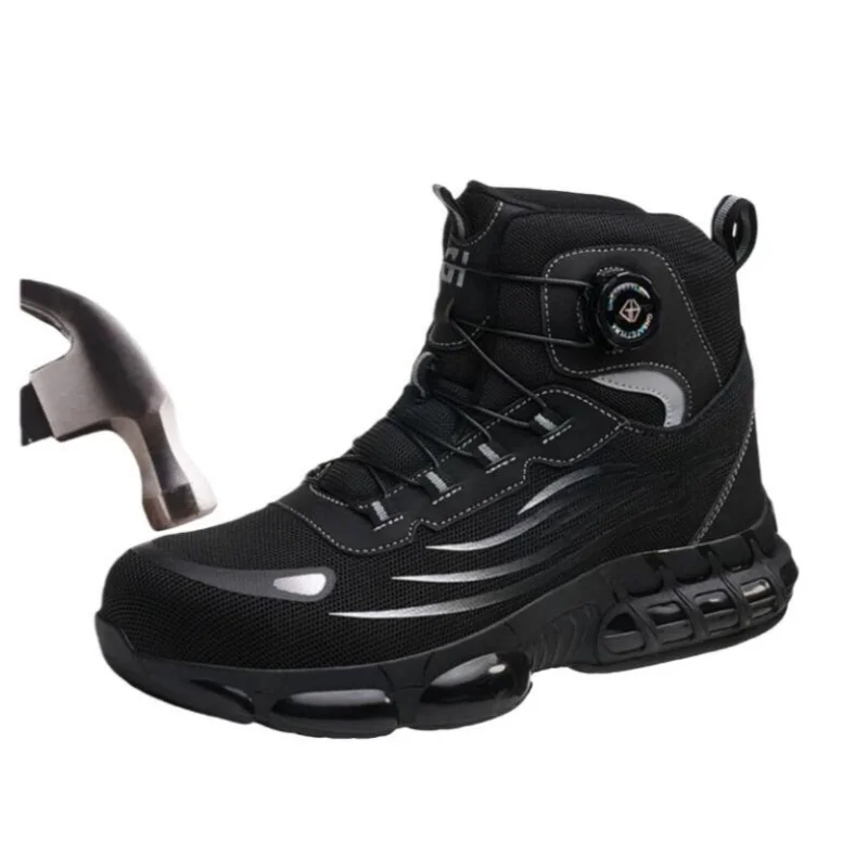 Men's Safety Shoes High Top Work Safety Shoes Steel Toe Sneakers Rotation Button Anti-smash Antipuncture Steel Safety Boots
