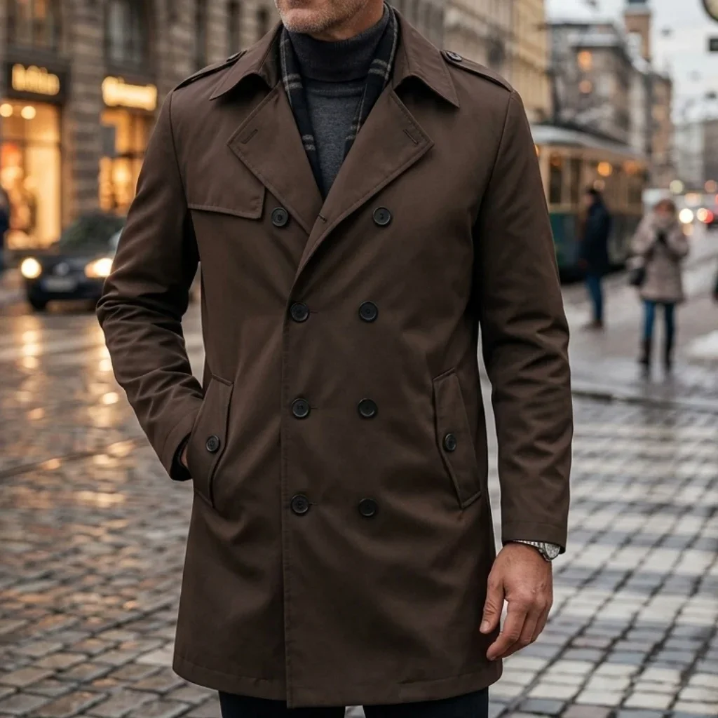 Herbstliche Herren-Windjacke: Dünne, zweireihige Jacke mit Epauletten – Mittellange Outdoor-Reise-Windjacke für Herren – Detail 13