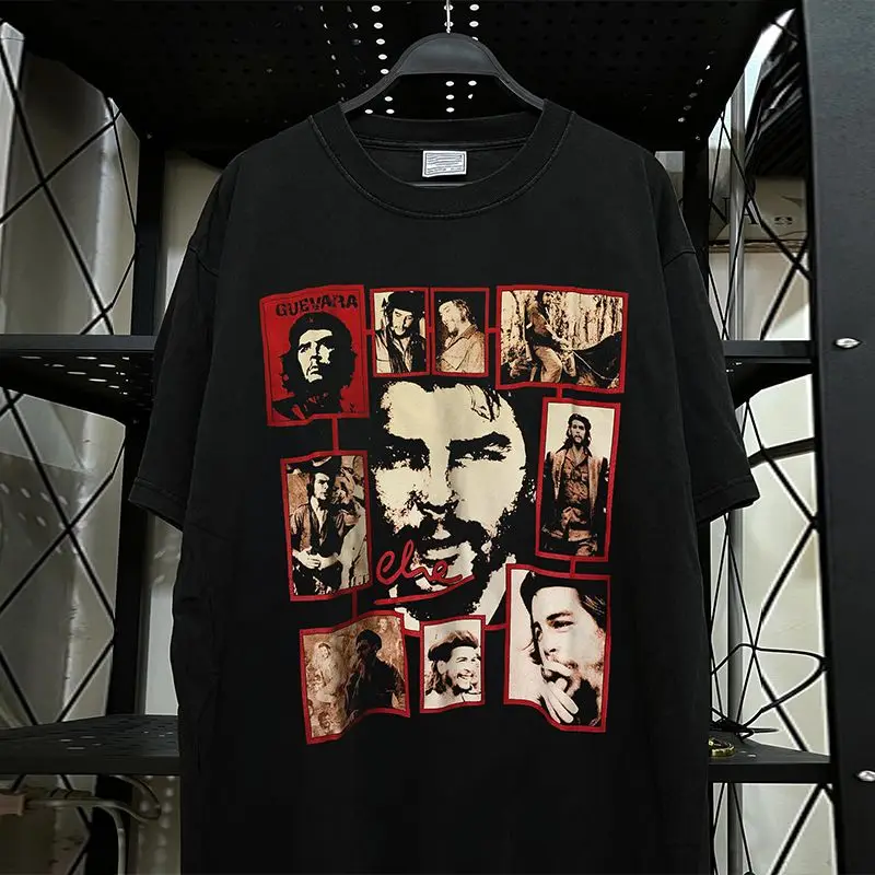 2026 Neues High-Street-T-Shirt im amerikanischen Retro-Stil mit Che-Guevara-Print, hochwertiges, bequemes, lockeres Herren-T-Shirt mit Rundhalsausschnitt und kurzen Ärmeln