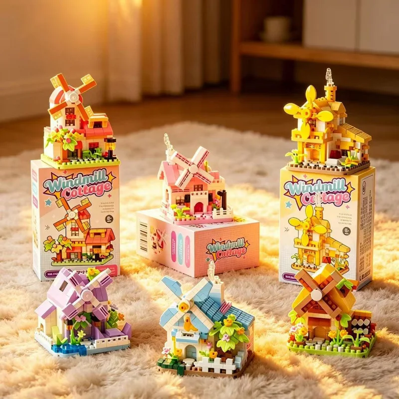 Windmill House Forest Cottage Building Blocks Mini Architecture 3D DIY Model Bricks Toy Home Ornament For Kids Christmas Gift
