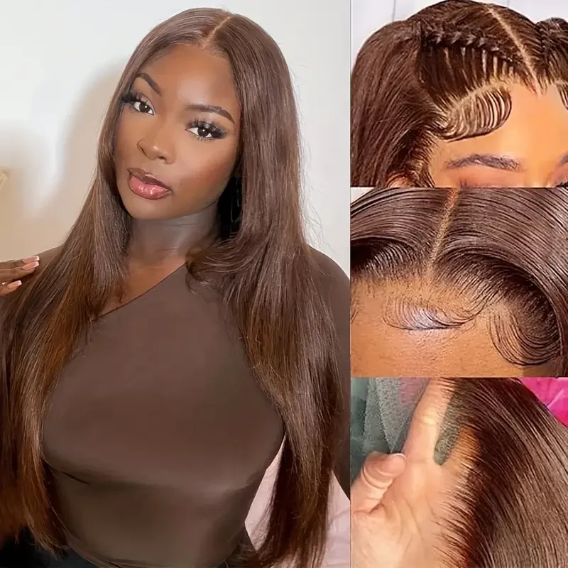 

Brown Color 4x4 Lace Frontal Human Hair Wigs HD Transparent Lace Free Part Hairline With Baby Hair Straight Human Hair Color #4