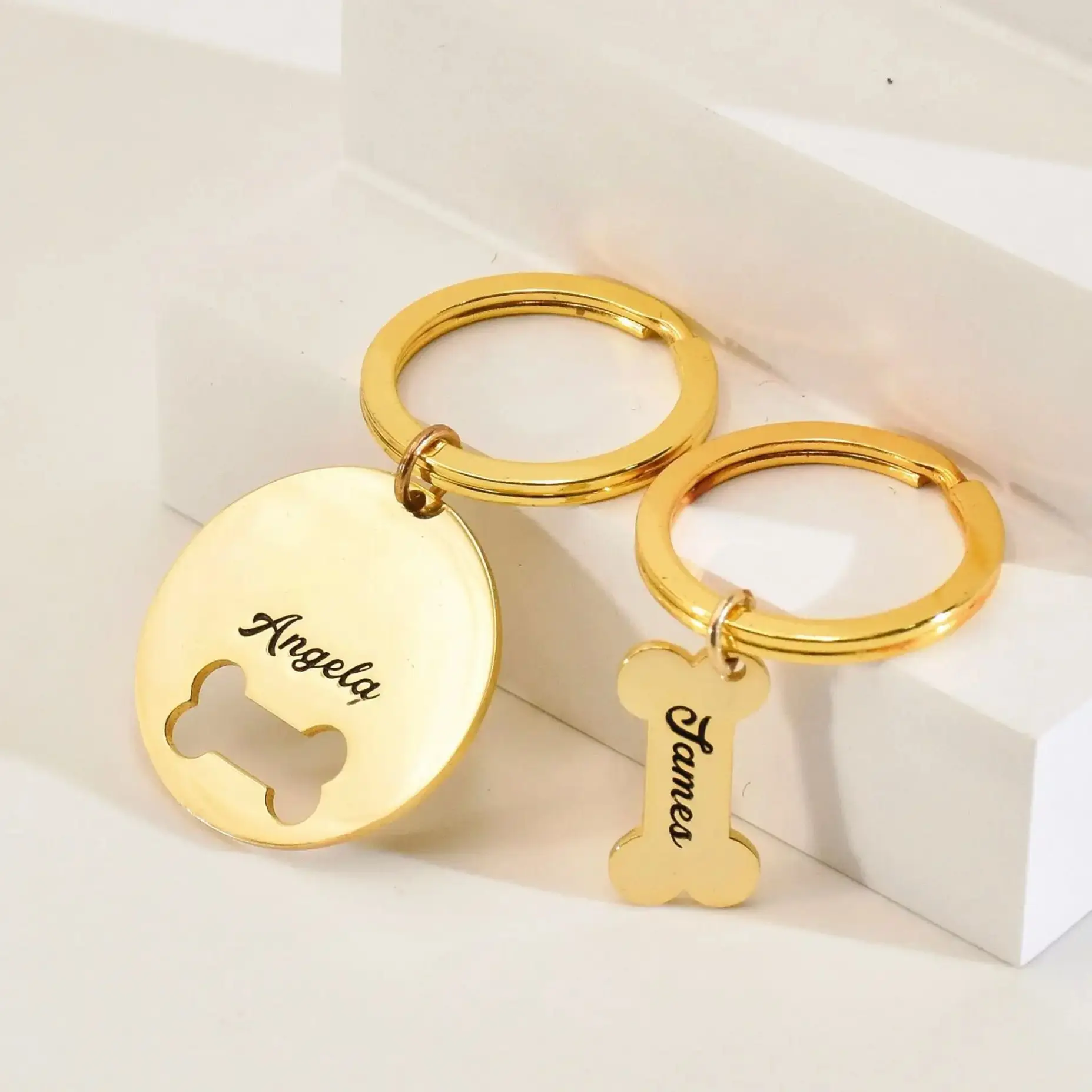 

Personalized Dog Bone Keychain Round Custom Silver Coin Pet Keychain Engraved Name Dog Anniversary Gift For Women