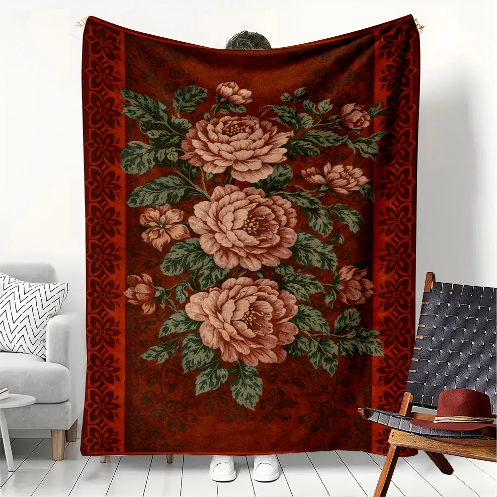1PC Blanket Vintage Flower Peony Flannel Thin blankets for Home Car Naps Camping Festival Perfect gifts to Elder four season use
