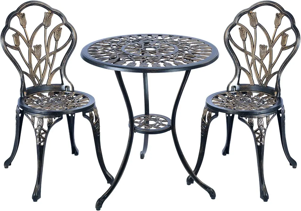 Cast Aluminum Bistro Set, Outdoor Patio Furniture Set, Balcony Garden Yard Table And Chairs, Weather Resistant Anti Rust Tulip Pattern Design, Antique Copper 3 Piece Set