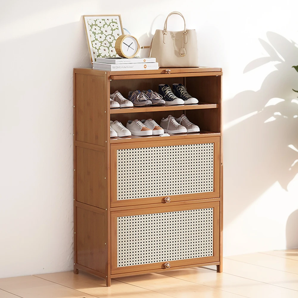 Bamboo Shoe Cabinet with 2 Flip Drawers Storage Cabinet Freestanding Shoe Organizer Rack Home Modern Simple Storage Shelf