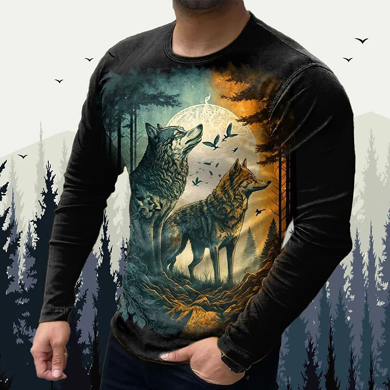 2023 New Men Long Sleeve Crewneck Print Fierce Animal Pattern Y2K Fashion Men\'s Shirt Long Sleeve Street Retro Style Men\'s Wear