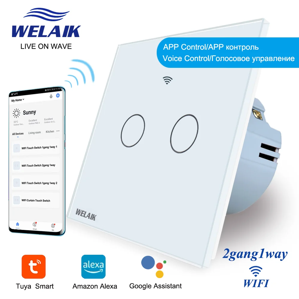 

Сенсорный выключатель WELAIK EU Tuya Alexa Wi-Fi, выключатель 80*80 мм, 2gang1way со стеклянной панелью, умный настенный выключатель с Wi-Fi