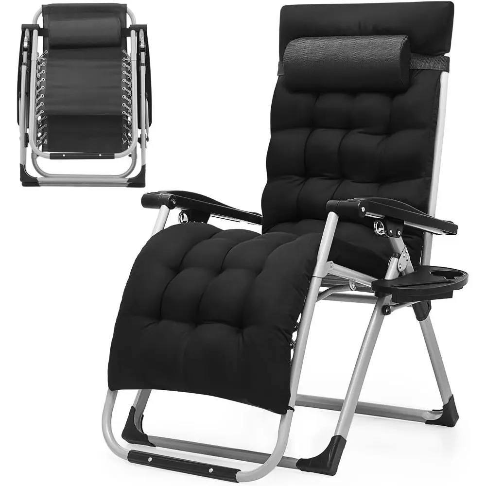

Portable Reclining Lounge Chair with Cushion and Cup Holder - Ideal for Outdoor, Patio, Beach, Camping, Garden, Poolside, Black
