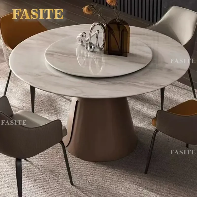 For Italian Light Luxury Round Dining Table and Chair Set Marble Top with Turntable Wabi Sabi Style Small Apartment Household
